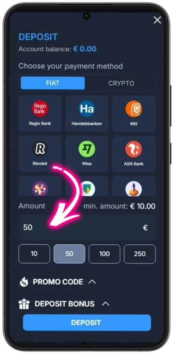 Stortingsbedrag invoeren bij Monixbet Casino