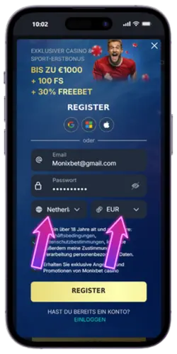 Selecteer land en valuta Monixbet Casino