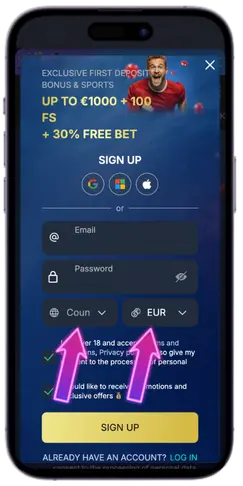 Select country and currency Monixbet Casino