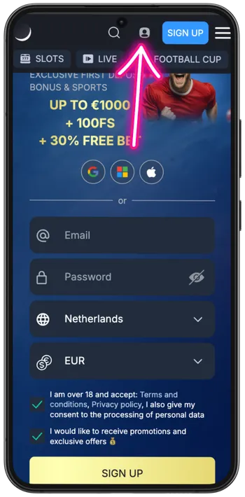 Monixbet inlogicoon rechtsboven op de mobiele startpagina