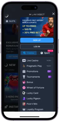 Monixbet Casino menu