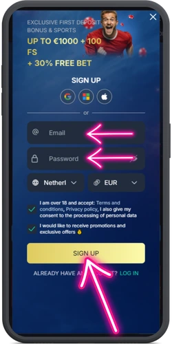 Het registratieformulier van Monixbet vraagt om een e-mailadres, wachtwoord, land en valuta
